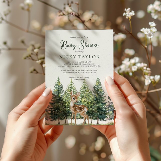 Watercolor Pine Trees Deer Snow Winter Baby Shower Invitation (Creator Uploaded)