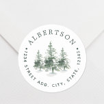 Watercolor Pine Trees Family Name Return Address Classic Round Sticker<br><div class="desc">Custom designed circular return address labels/stickers featuring watercolor pine trees design. Personalize with family name and address. Perfect for decorating holiday envelopes,  cards,  DIY gifts,  and more!</div>
