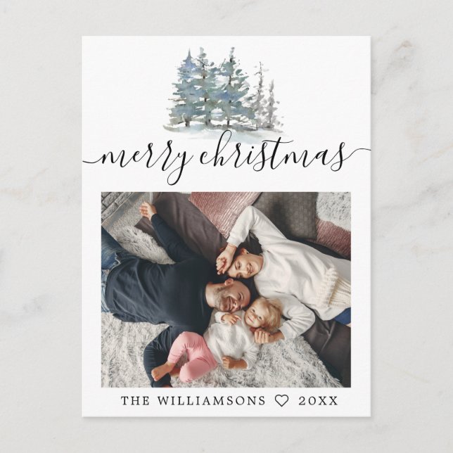 Watercolor pine trees forest Christmas photo Holiday Postcard (Front)