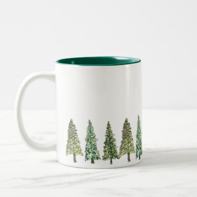 Watercolor Pine Trees Forest Two-Tone Coffee Mug (Left)