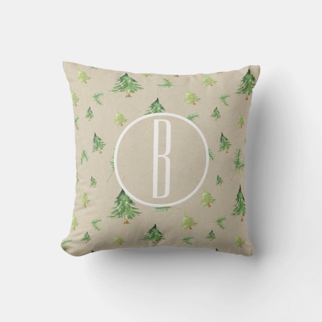 Watercolor Pine Trees Kraft Monogram initial Throw Pillow (Front)