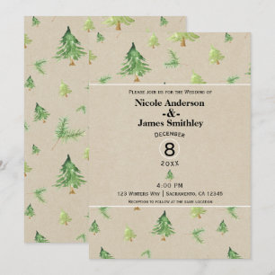 Watercolor Pine Trees Kraft Rustic Winter Wedding Invitation