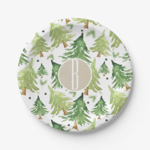 Watercolor Pine Trees Modern Rustic Kraft Party Paper Plate