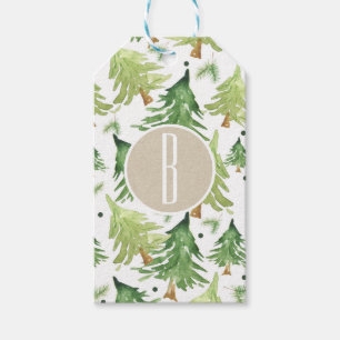 Watercolor Pine Trees Modern Rustic Monogram Kraft Gift Tags