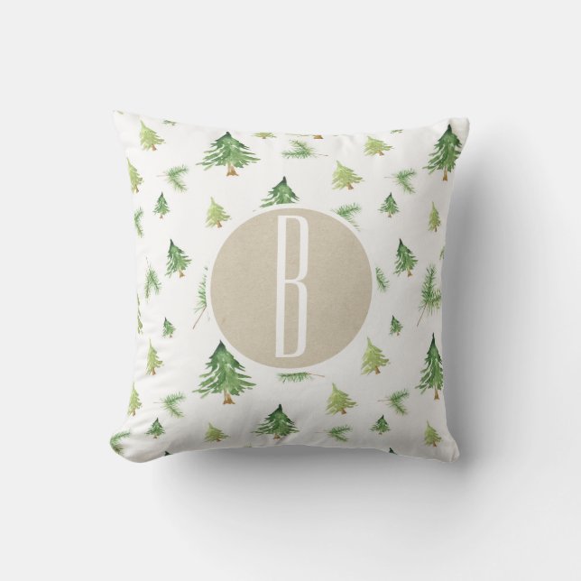 Watercolor Pine Trees Monogram Letter Initial Throw Pillow (Front)
