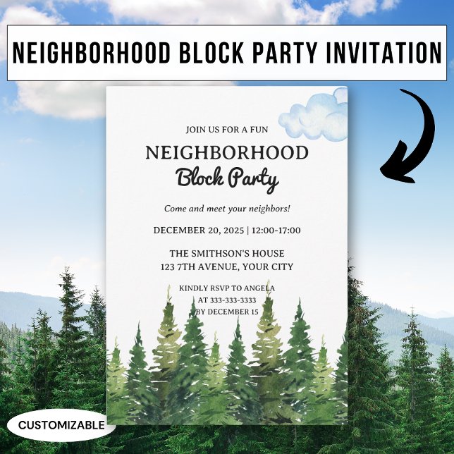 Watercolor Pine Trees Neighbourhood Block Party Invitation (Creator Uploaded)