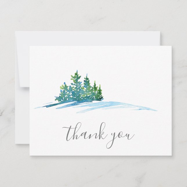 Watercolor Pine Trees Snowscape Thank You Card (Front)