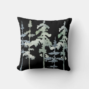 Watercolor Pine Trees, stripes, black background Throw Pillow