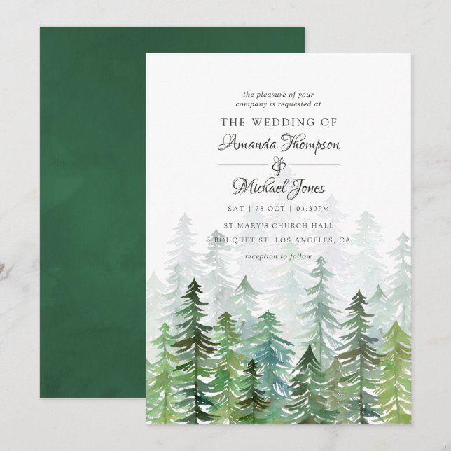 Watercolor Pine Trees Winter Wedding Invitation (Front/Back)