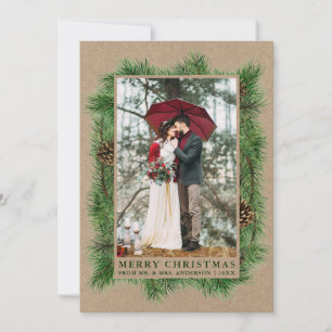 Watercolor Pine Wedding Photo Kraft Green Holiday Card