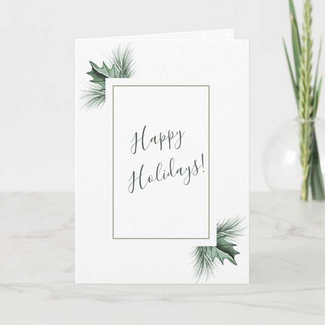 Watercolor PIne & Winter Green Holly  Holiday Card (Front)