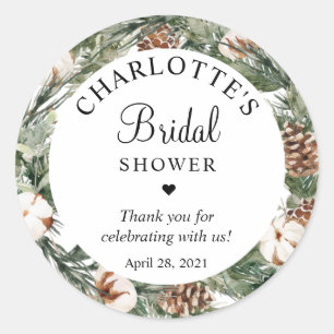 Watercolor Pine & Winter Greenery Bridal Shower Classic Round Sticker