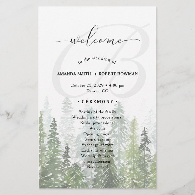 Watercolor Pine Woods Forest Wedding Program (Front)