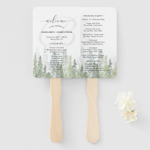 Watercolor Pine Woods Forest Wedding Program Hand Fan