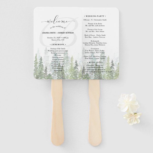 Watercolor Pine Woods Forest Wedding Program Hand Fan (Front and Back)