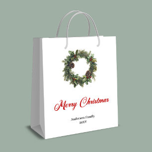Watercolor pine wreath holiday gift bag with name