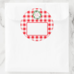 Watercolor Pine Wreath MONOGRAM Red Check  Classic Round Sticker