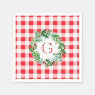 Watercolor Pine Wreath MONOGRAM Red Check Napkin