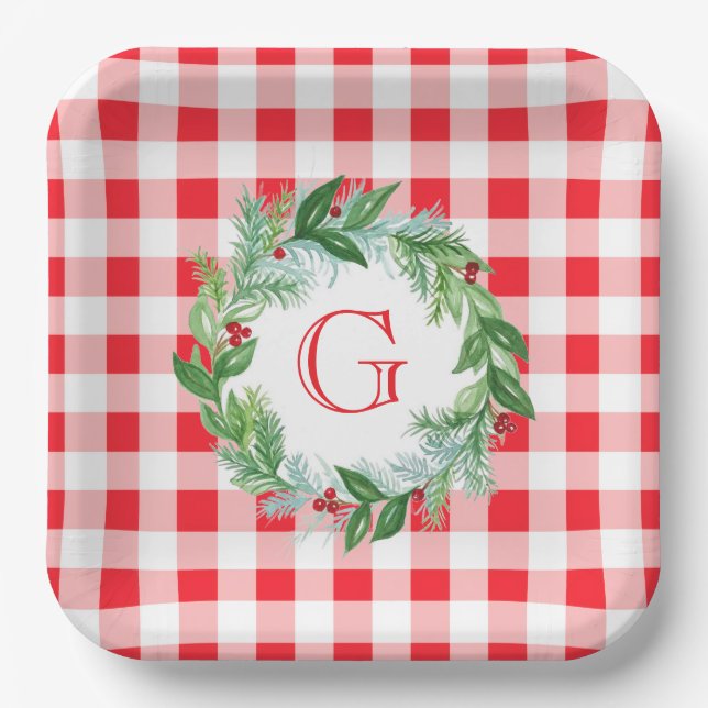 Watercolor Pine Wreath MONOGRAM Red Check  Paper Plate (Front)