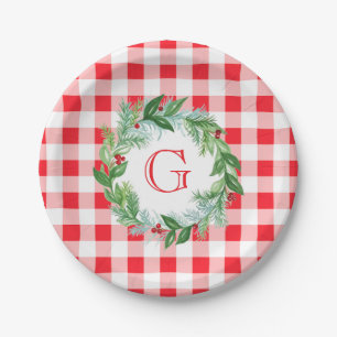 Watercolor Pine Wreath MONOGRAM Red Check Round Paper Plate
