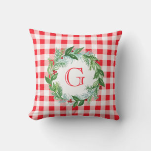 Watercolor Pine Wreath MONOGRAM Red Check Throw Pillow