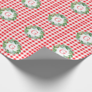 Watercolor Pine Wreath MONOGRAM Red Check Wrapping Paper