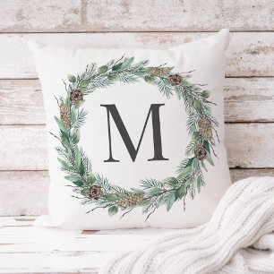 Watercolor Pine Wreath Pinecone Monogram Winter Throw Pillow
