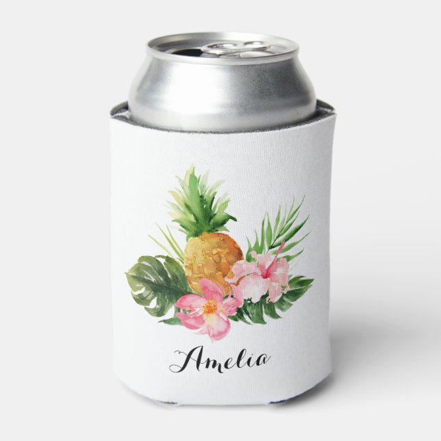 Watercolor Pineapple and Hibiscus Tropical Summer Can Cooler (Can Front)