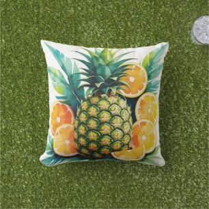 Watercolor Pineapple & Citrus Tropical Fruit Thr Outdoor Pillow