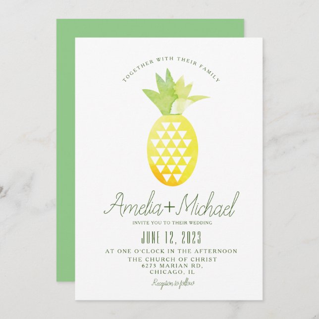 Watercolor Pineapple Geometric Tropical Wedding Invitation (Front/Back)