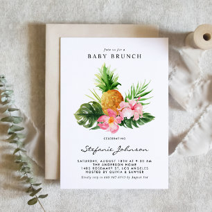 Watercolor Pineapple Hibiscus Tropical Baby Brunch Invitation