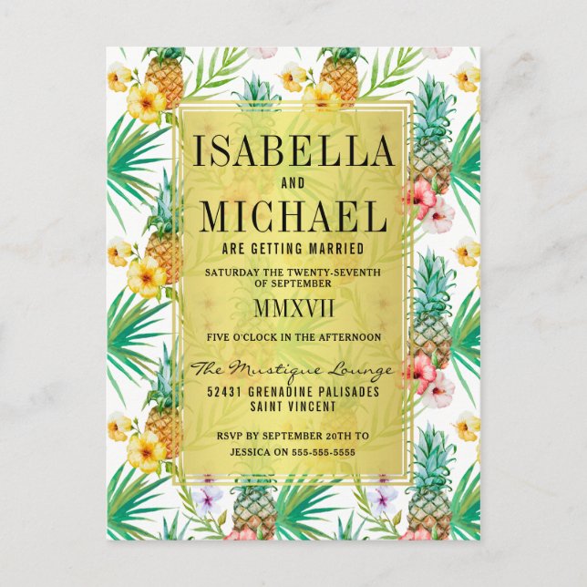 Watercolor Pineapple & Hibiscus Tropical Wedding Invitation Postcard (Front)