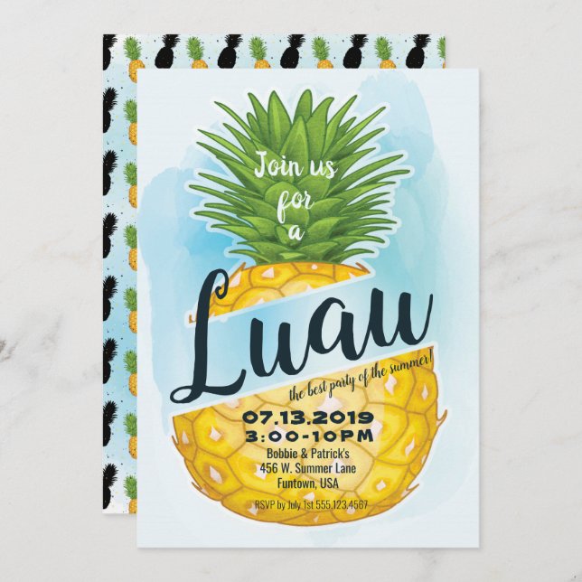 Watercolor Pineapple Luau Summer Party Invitation (Front/Back)