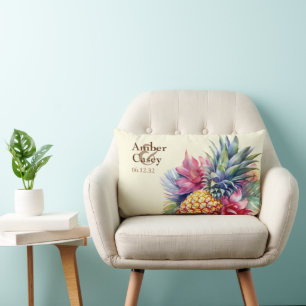 Watercolor Pineapple Name and Date Lumbar Pillow