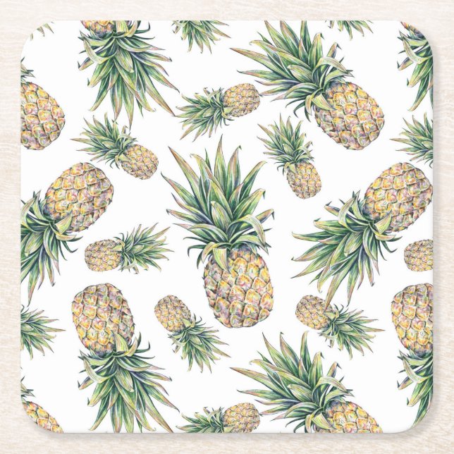 Watercolor Pineapple Pattern Square Paper Coaster (Front)