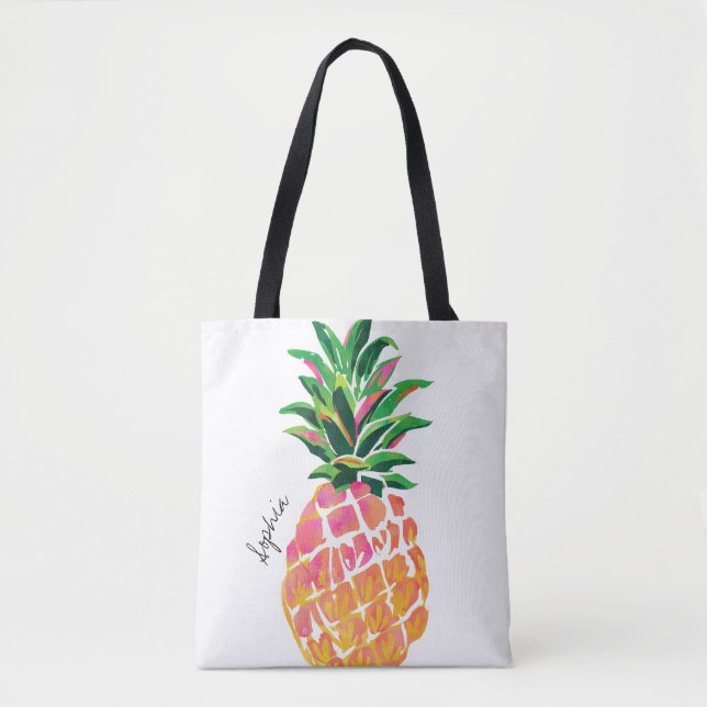 Watercolor Pineapple Personalized Tote Bag (Front)