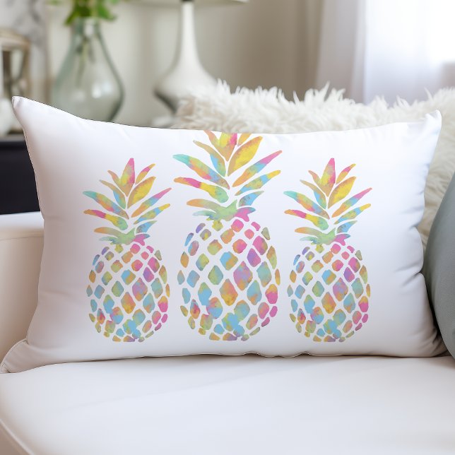 Watercolor Pineapple Trio Tropical Rainbow Lumbar Pillow (Creator Uploaded)
