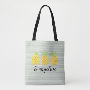 Watercolor Pineapple Trio with Green Pinstripe  Tote Bag