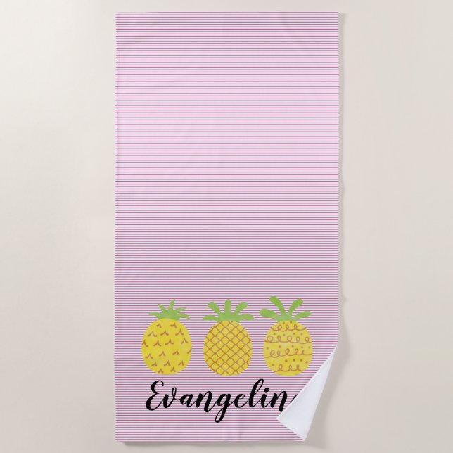 Watercolor Pineapple Trio with Pink Pinstripe Beach Towel (Front)