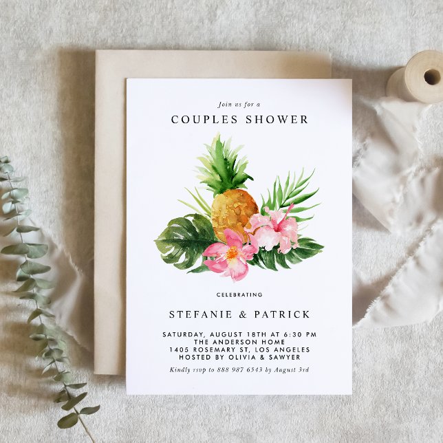 Watercolor Pineapple Tropical Couples Shower Invitation (Tropical couples shower invitation featuring watercolor pineapple, hibiscus and greenery. )