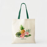 Watercolor Pineapple Tropical Custom Tote Bag<br><div class="desc">Customizable tropical tote bag featuring watercolor pineapple,  hibiscus,  split leaf philodendron and palm leaves. Customizable by adding names or short phrase. This will be perfect as a favour bag for summer weddings,  baby showers and other events.</div>
