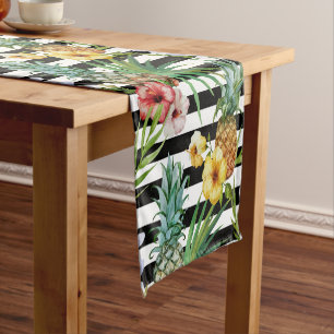 Watercolor pineapple tropical flower black stripes short table runner