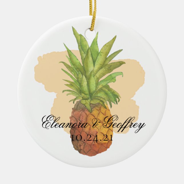 Watercolor Pineapple Tropical Summer Wedding Photo Ceramic Ornament (Front)