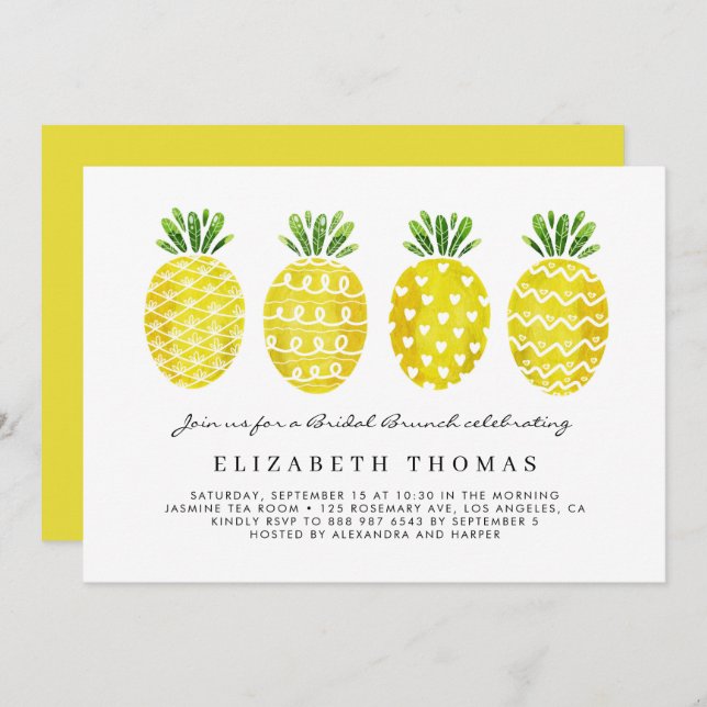 Watercolor Pineapples Tropical Bridal Brunch Invitation (Front/Back)
