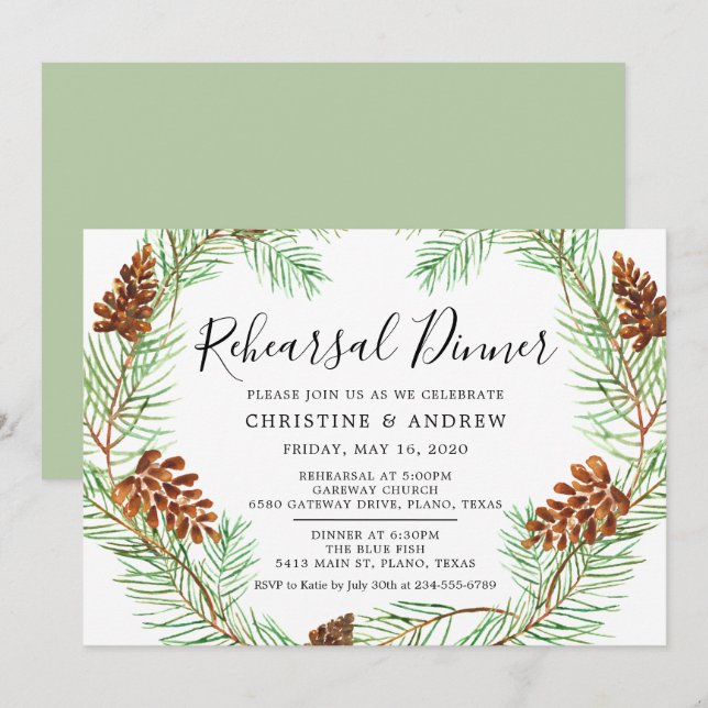 Watercolor Pinecone Elegant Winter Rehearsal Invitation (Front/Back)