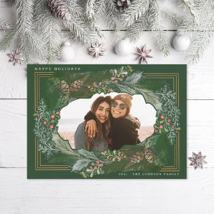 Watercolor Pinecone Green Frame Holiday Photo