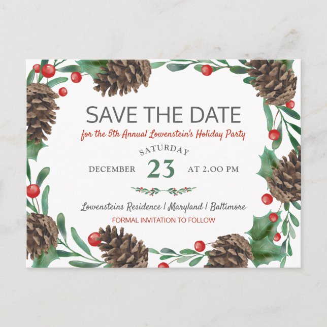 Watercolor Pinecone | Holiday Party Save The Date Announcement Postcard (Front)