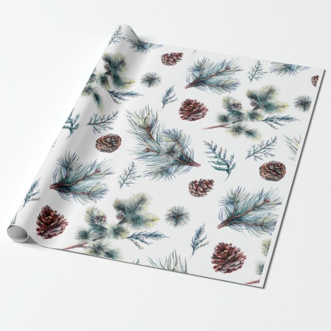 Watercolor Pinecone Sprigs Christmas Wrapping Paper (Unrolled)