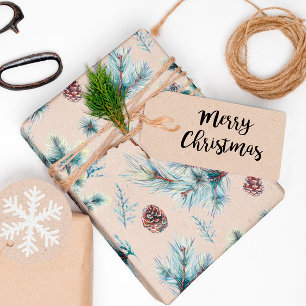 Watercolor Pinecone Sprigs Kraft Christmas Wrapping Paper