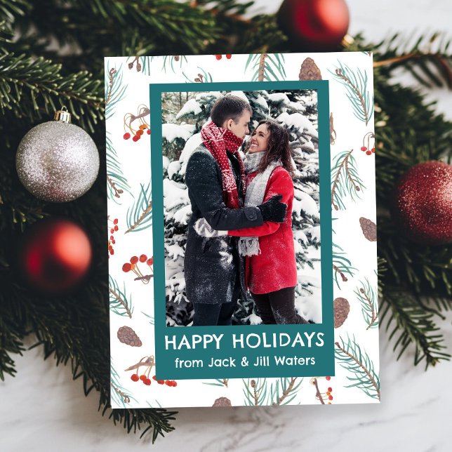 Watercolor Pinecones Berries CUSTOM PHOTO Holiday Postcard (Watercolor Pinecones Berries CUSTOM PHOTO Holiday Christmas Postcard
)